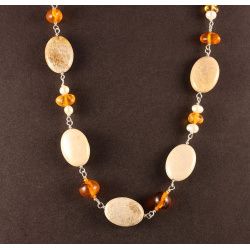 Fossil Coral, Amber and Pearl Chain Necklace