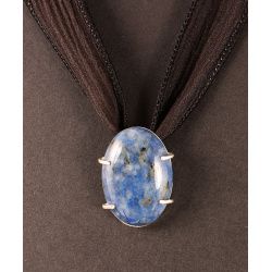 Denim lapis cabochon on silk ribbon