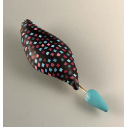 Curvy geometric coat pin in brick and teal