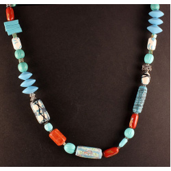 Artisan Turquoise Polymer Bead Necklace with Coral